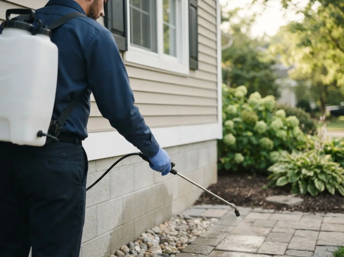 Pest control technician inspecting a home in Apple Springs, TX